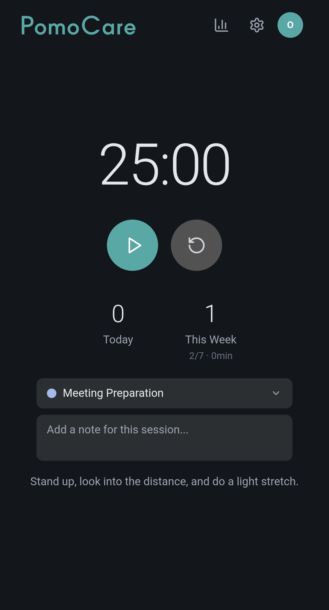 PomoCare ポモドーロタイマー ダークモードのメイン画面